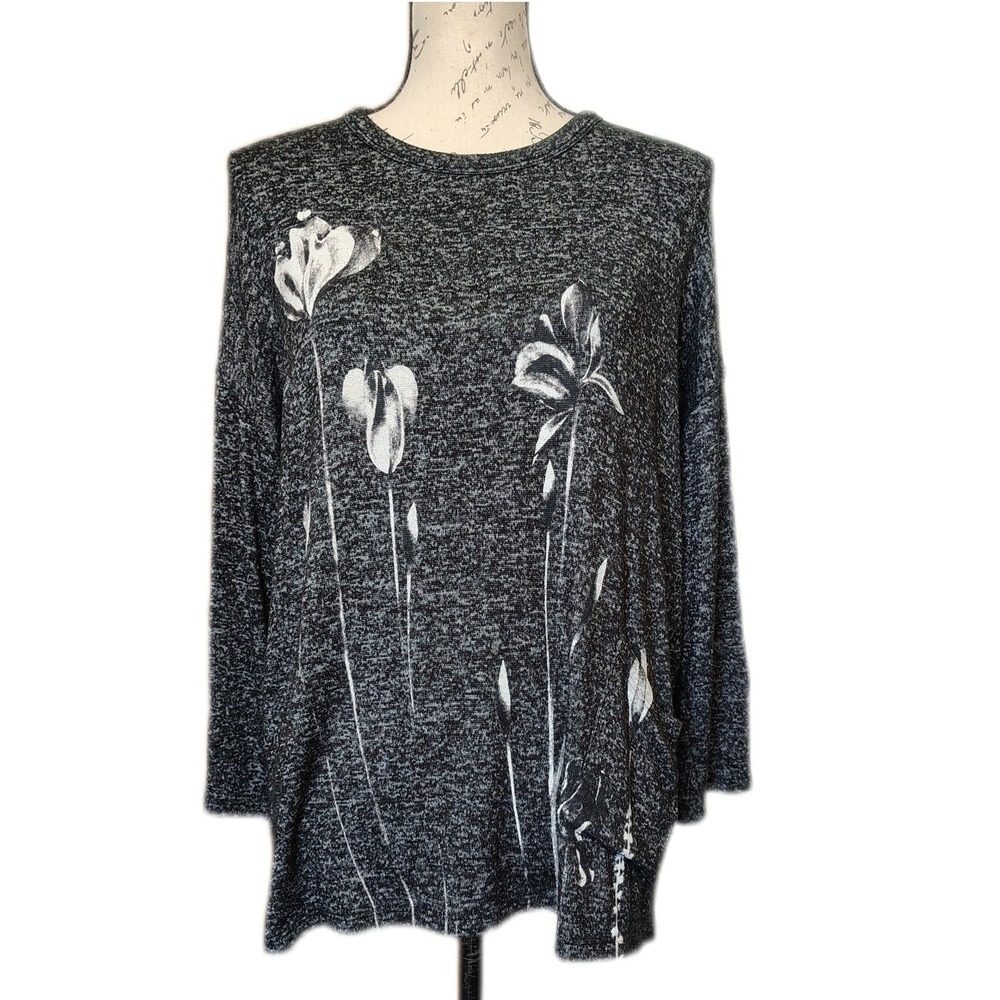 Jess & Jane Black White Heathered Floral Tunic Top M High Low Hem Pocket Dolman